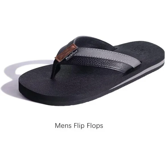👑Men's Flip Flop Sandal Black Grey Leather Slip On Arch Support Comfortable